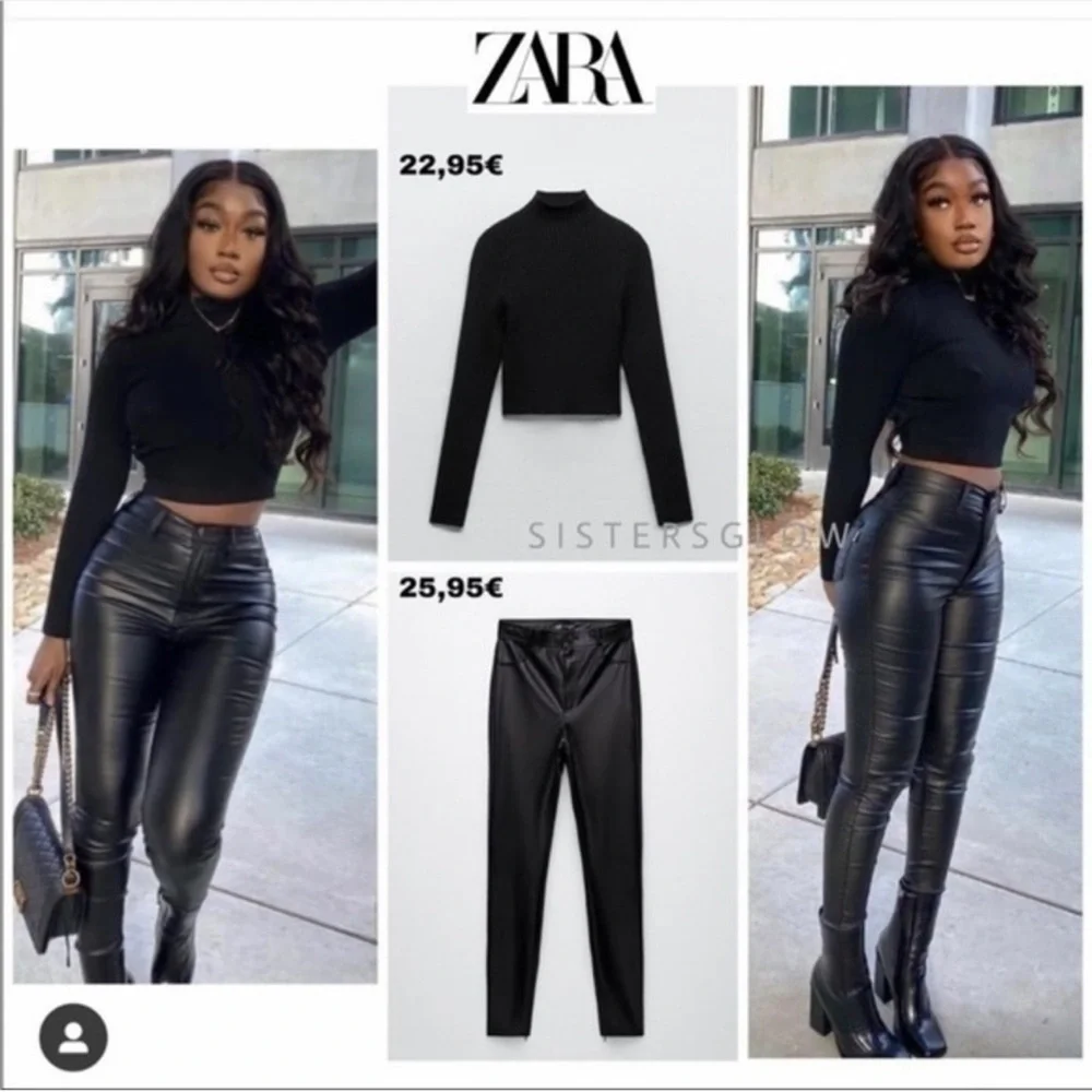 Zara Faux Leather black pants with ankle‎ zipper Size Small 5427